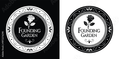 Elegant black and white circular logo design featuring a single blooming rose and the name founding garden