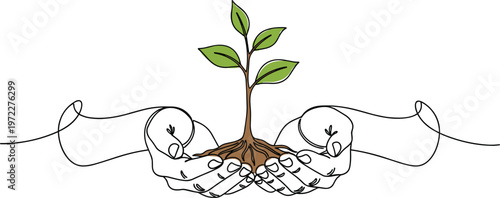 Hands nurturing young plant continuous line drawing, eco sustainability concept illustration, green environment vector design for nature protection, growth awareness and organic branding