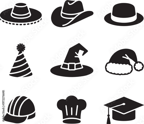 Assorted stylized hats representing different professions and celebrations