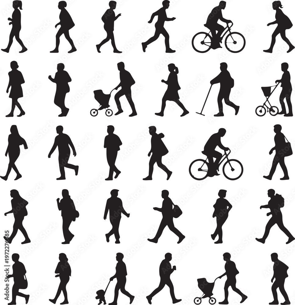 Obraz premium Diverse silhouettes of people engaging in various daily activities and modes of transport