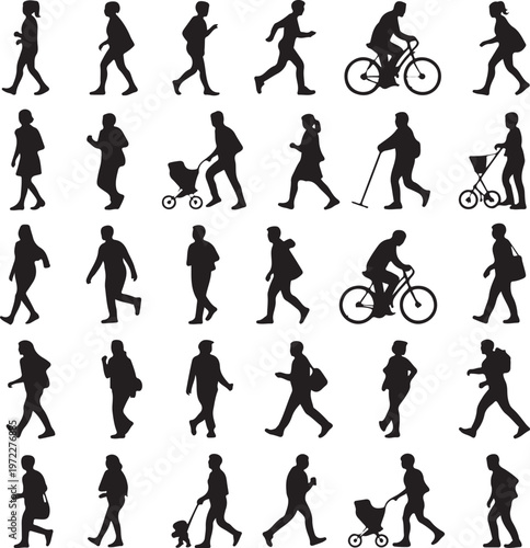 Diverse silhouettes of people engaging in various daily activities and modes of transport