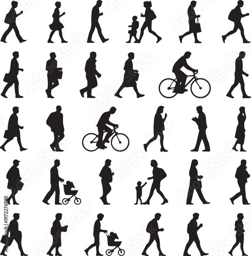 Diverse silhouettes of people engaging in various urban activities and transportation modes