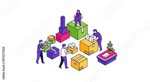Isometric Warehouse Logistics and Packing Team with Boxes