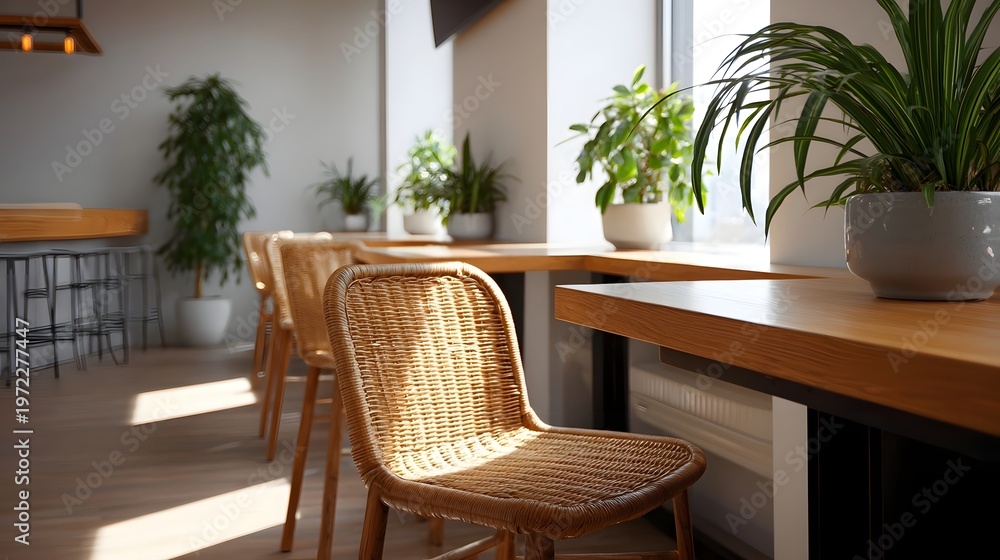 Fototapeta premium Sunlit cafe interior featuring natural wood tables wicker chairs and vibrant potted plants by the large window