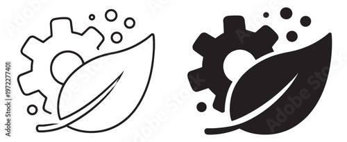eco technology concept with leaf and gear symbol, sustainable energy and environmental engineering icon in outline and silhouette styles isolated on transparent background