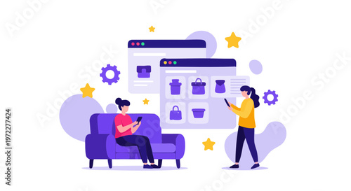 Mobile E-commerce Illustration of People Shopping Online via Phone