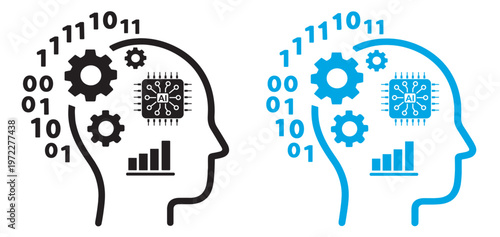 artificial intelligence brain concept with digital data, machine learning and neural network elements, technology head silhouette with binary code and processor icons on transparent background