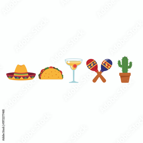 Mexican fiesta elements including margarita, maracas, taco and a sombrero