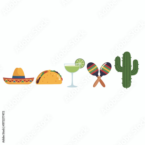 Mexican fiesta elements with taco, margarita, maracas and cactus