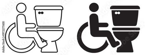accessible toilet icon with wheelchair user and bathroom symbol, restroom sanitation and disability access concept in outline and silhouette styles isolated on transparent background