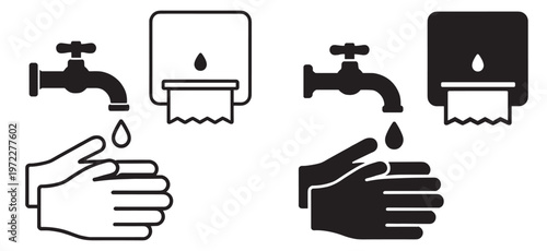 hand washing icon set with faucet and soap dispenser, hygiene and sanitation concept with water drop and clean hands in outline and silhouette styles isolated on transparent background