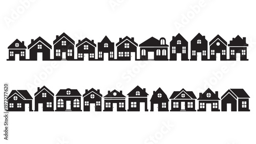 Black and white silhouette of a quaint townscape with repeating houses