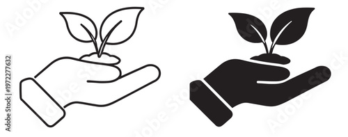 hand holding plant icon, eco sustainability and environmental care concept with growing leaf symbol in outline and silhouette styles isolated on transparent background