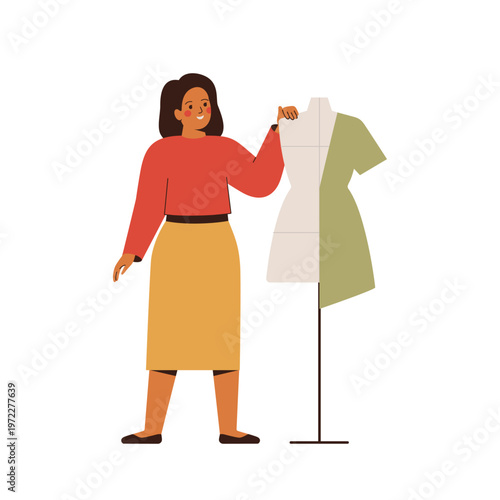 Fashion designer stands near mannequin back view. woman Dressmaker work with dummy for sewing. tailor and fabric manikin on stand. vector illustration isolated on white background