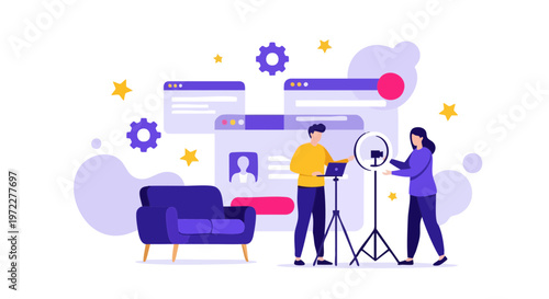 Digital Content Creators Setting Up Video Recording Studio Vector