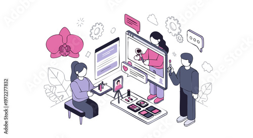 Live Beauty Stream and Makeup Tutorial Isometric Illustration