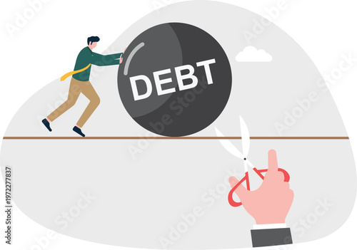 Professional pushing a giant debt bomb and scissors cutting the path
