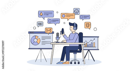 Podcast host recording audio and analyzing data with infographics
