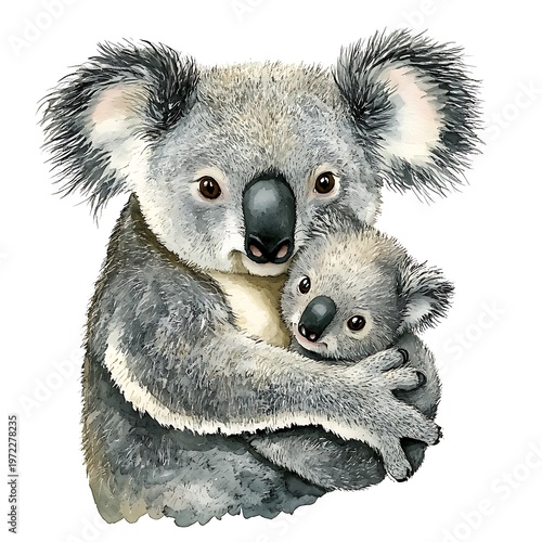 Adorable Koala Embracing Cub Watercolor Clipart