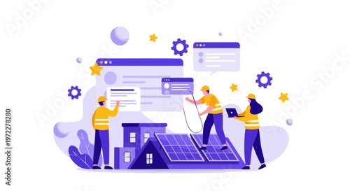 Professional workers installing solar panels on a residential rooftop