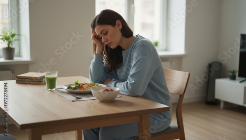 Slow metabolism illustrated by a tired woman eating alone in a bright quiet home interior