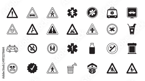 Collection of black and white road and safety sign icons