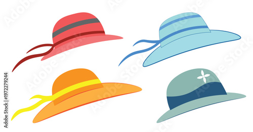 Vector Set of Colorful Summer Sun Hats and Elegant Wide Brim Headwear for Women Isolated on White Background
