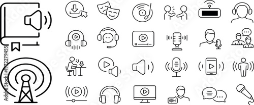 Containing microphone, radio, webcast, broadcast, audio, channel, video, headphones, news, and more. Editable stroke. Podcast set of web icons in line style.eps