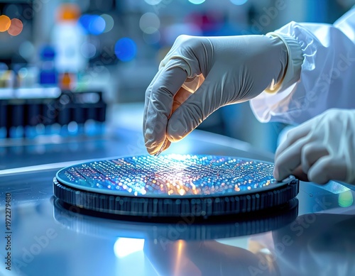 Gloved hand working on illuminated semiconductor wafer in high tech lab