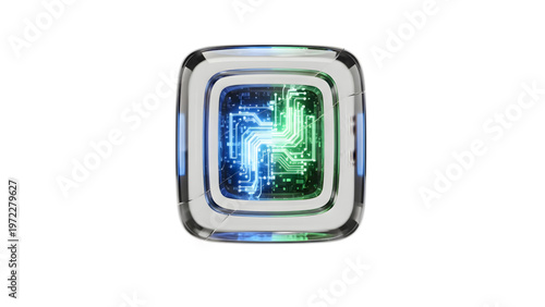 Futuristic 3D glass microchip icon with glowing green and blue circuit patterns.