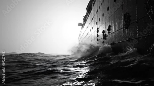 Black and white shot of a large ship sailing through rough ocean waters with waves crashing against its side and a moody, atmospheric ambiance.