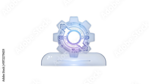 Modern 3D glass gear icon for system settings, automation, and industrial technology.