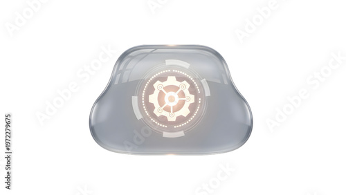 Cloud computing concept with 3D glass cloud icon and glowing gear for data processing.