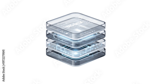 Futuristic 3D glass layers with glowing circuit board and CPU processor concept.