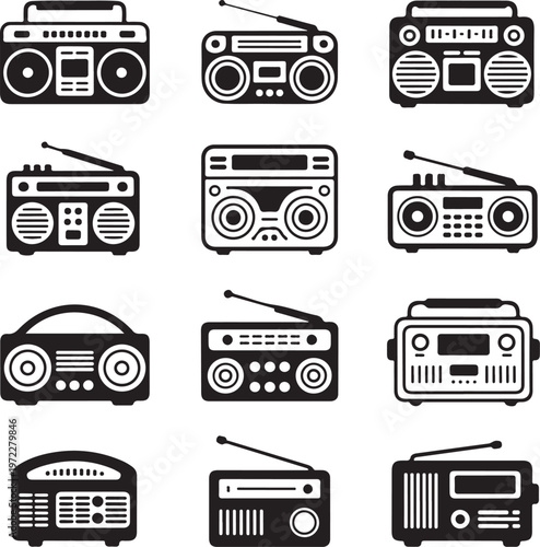 Collection of retro boombox designs in monochrome illustration style