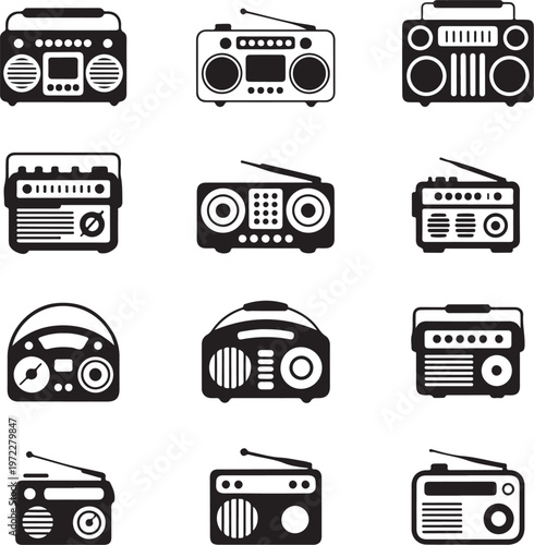 Vintage boomboxes and portable radios in monochrome silhouette style