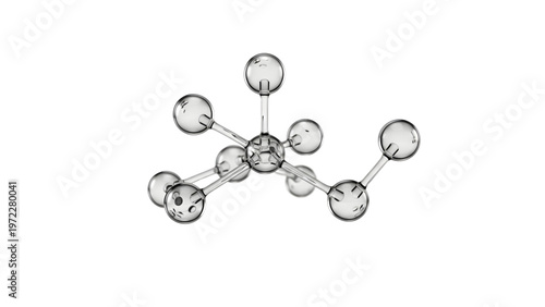 3D molecular structure icon with transparent glass spheres for science and tech.