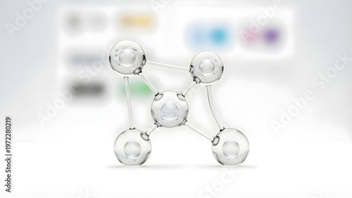 Digital network connection concept with 3D glass spheres and glowing nodes.