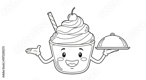 A cheerful cartoon dessert character serving food.