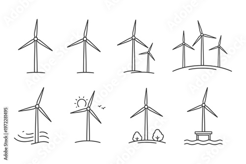Collection of eight wind turbine illustrations with minimalist design.