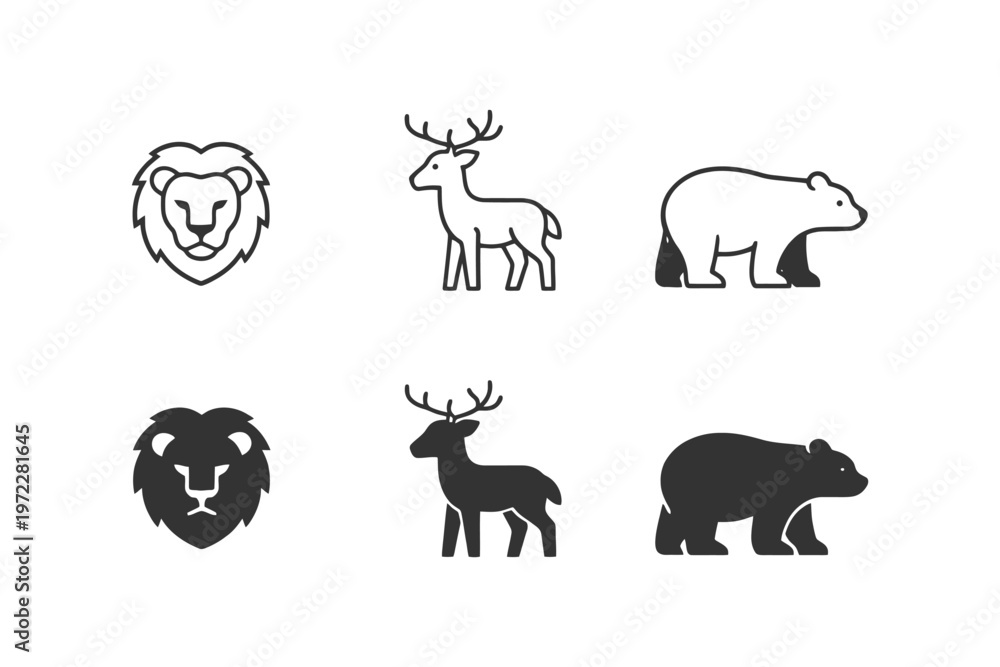 Fototapeta premium Lion, deer, bear icon set - outline and solid animal designs.