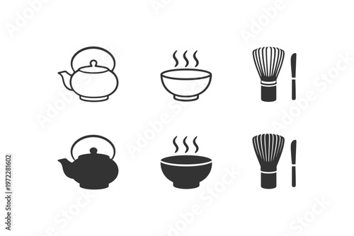 Tea ceremony icons set: teapot, steaming bowl, whisk, spoon in black and white.