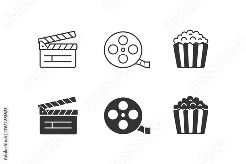 Film and popcorn icons: clapboard, reel, snack symbols for cinema enthusiasts.