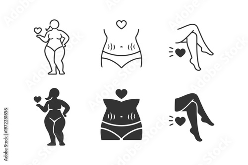 Body positivity and self-love icons featuring female silhouettes and hearts.