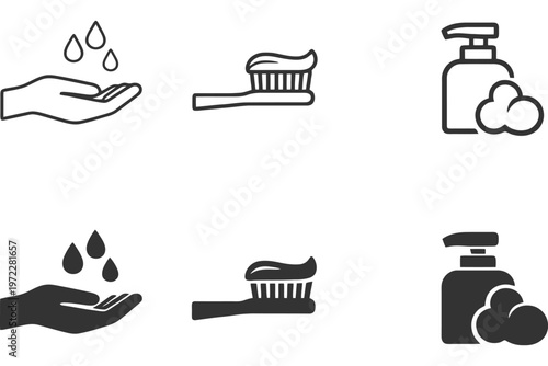 Hygiene icons set: handwashing, toothbrushing, soap dispenser symbols.