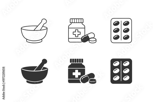 Medical icons set featuring mortar bowl, medicine bottle, and blister pack.