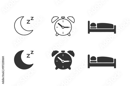 Simple sleep icons featuring moon, alarm clock, and bed symbols.