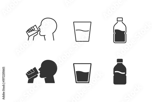 Simple line icons of drinking from glass and bottle.