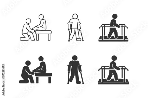 Physical therapy symbols depicting rehabilitation exercises and recovery.