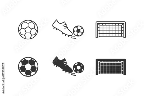 Soccer equipment and icons featuring ball, cleats, and goal illustrations.